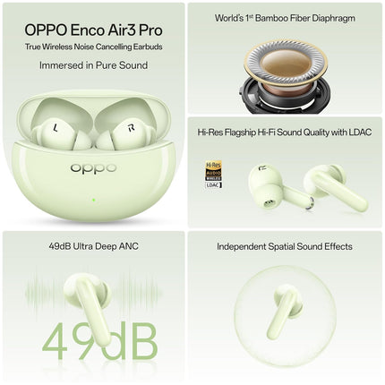 OPPO Enco Air3 Pro True Wireless in Ear Earbuds with Industry First Composite Bamboo Fiber, 49dB ANC, 30H Playtime, 47ms Ultra Low Latency,Fast Charge,BT 5.3 (Green)