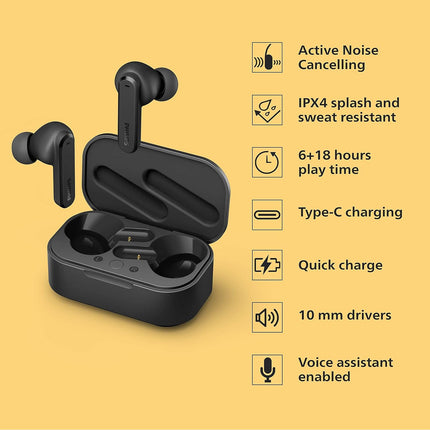 PHILIPS Audio TWS Tat4506 Bluetooth Truly Wireless in Ear Earbuds with Mic with Active Noise Cancellation, 24 Hrs Playtime (6+18), Ipx4, Touch Controls, C-Type Charging (Black)