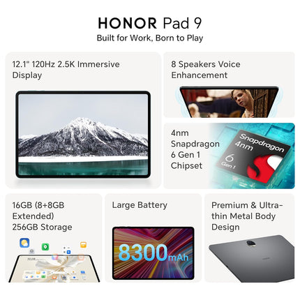 HONOR Pad 9 with Free Bluetooth Keyboard, 12.1-Inch 2.5K Display, 8GB, 256GB Storage, Snapdragon 6 Gen 1 (4nm), 8 Speakers, Up-to 17 Hours, Android 13, WiFi Tablet, Metal Body, Gray