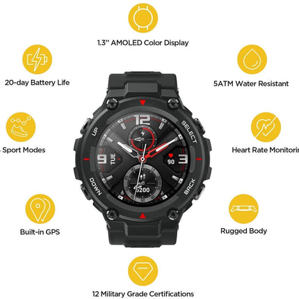 Amazfit Huami T Rex | 20 Days Battery Life, 1.3 inch AMOLED Display, Built-in GPS, 12 Military Certifications, Water Resistance, 14 Sports Modes - Unboxify